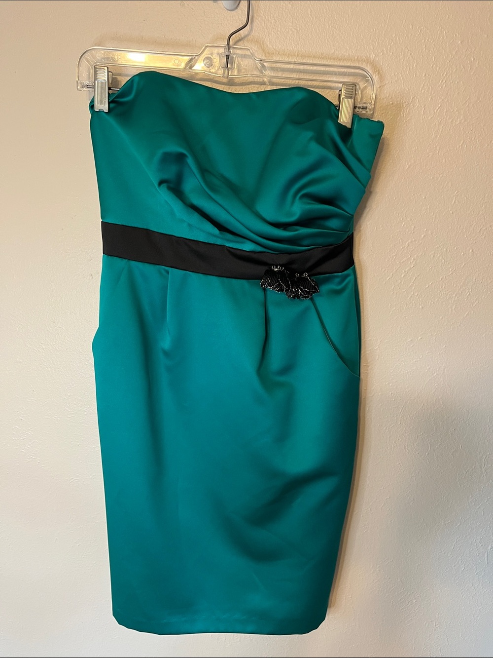 David's Bridal Teal Strapless Sheath Dress with Black Waistband